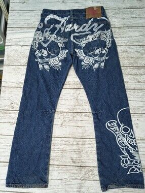 Ed Hardy Y2K 2008 Embroidered Jeans Distressed Size Men 32x32